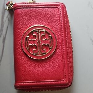 Tory Burch Red Pebbled Leather Zip Card Case with Gold Logo